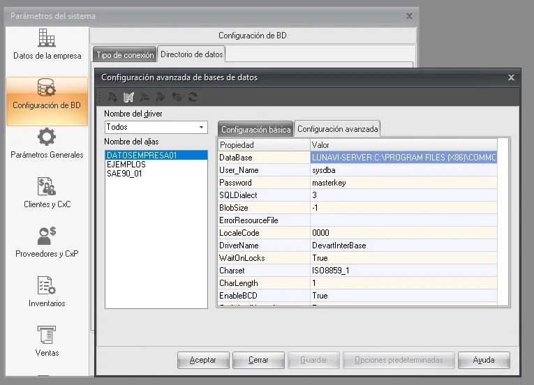 Configuración de BD en Aspel mostrando el campo Database